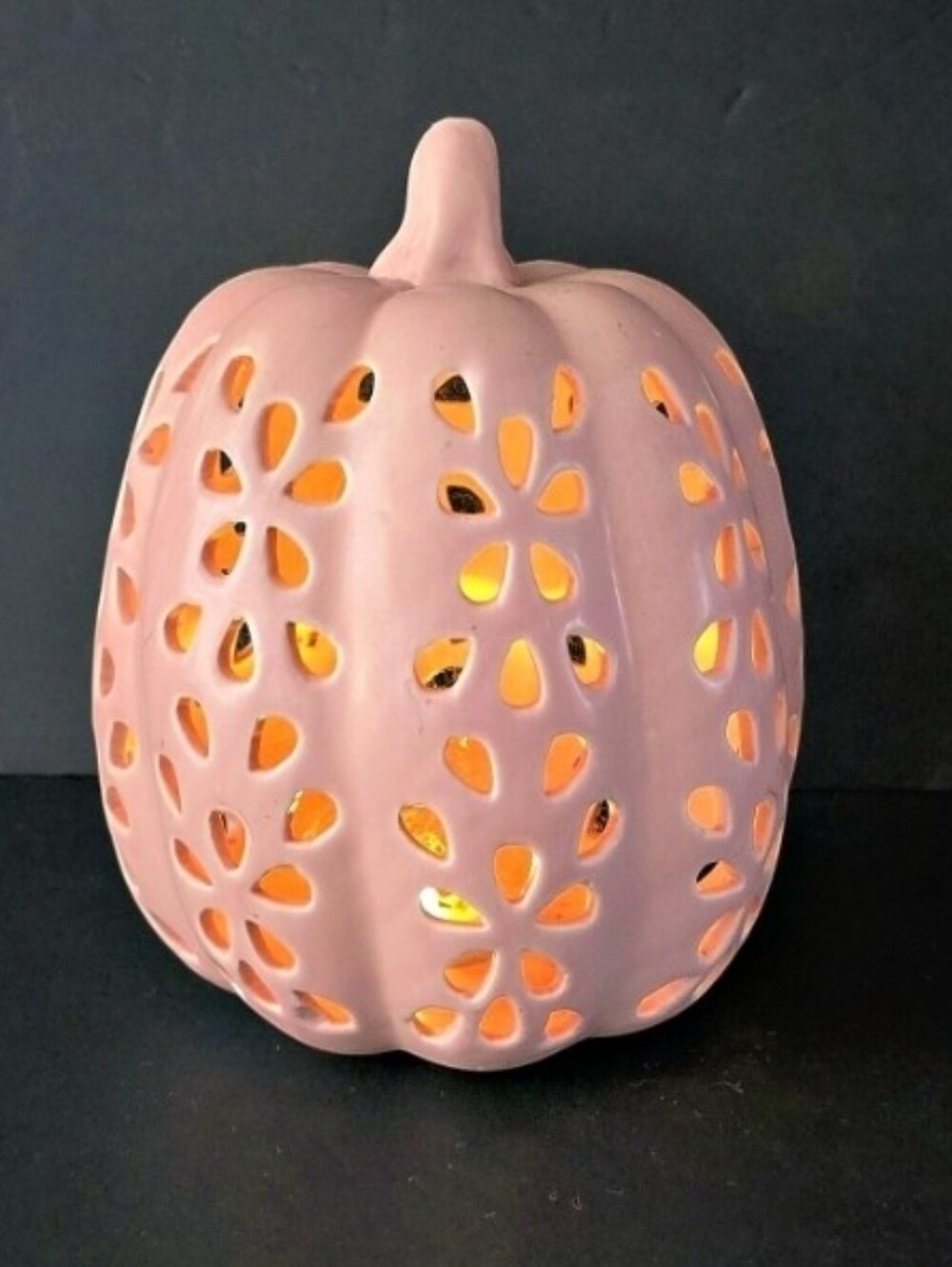 Pink Ceramic Pumpkin Lantern - Decorative Floral Cutout Accent